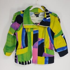 Berek Abstract Graphic Print Jacket Women Small Bright Green Rhinestone Zip Up